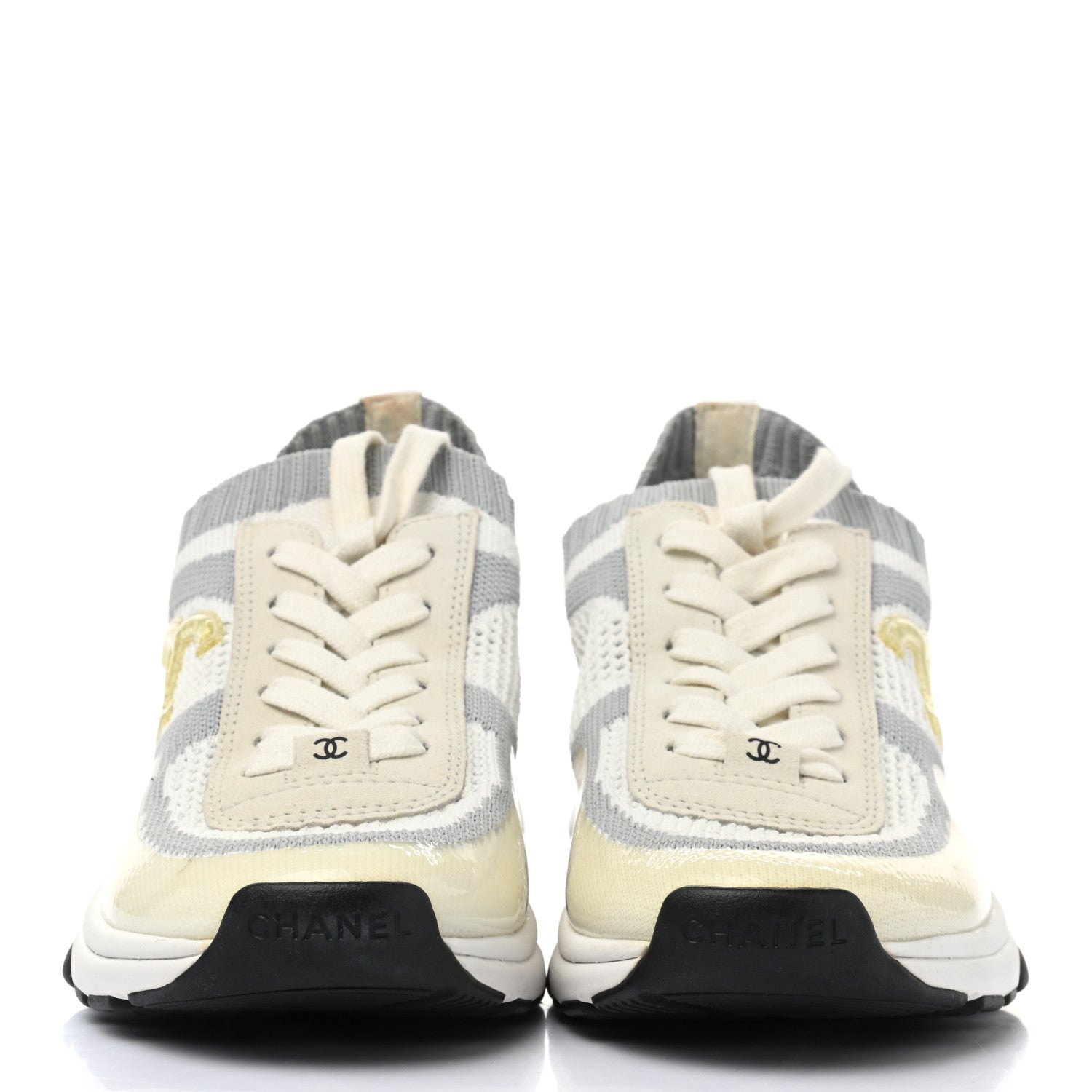 Chanel Fabric Suede Calfskin Stretch CC Sneakers 38 White Grey 2 of 8