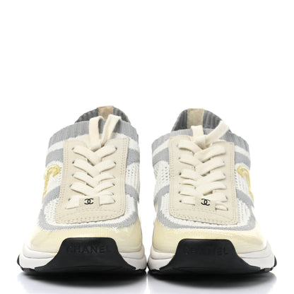 Chanel Fabric Suede Calfskin Stretch CC Sneakers 38 White Grey 2 of 8