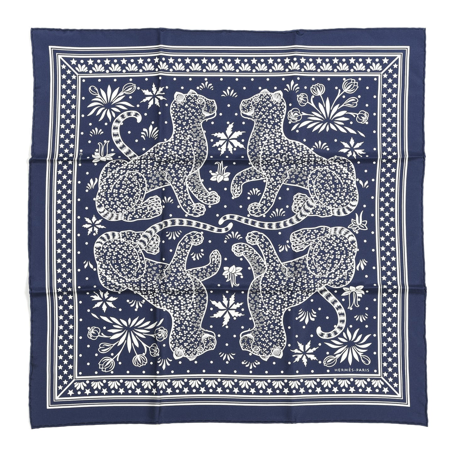 Silk Les Leopards Bandana Scarf 55 Marine White