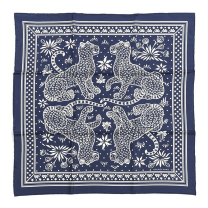 Hermes Silk Les Leopards Bandana Scarf 55 Marine White 1 of 4