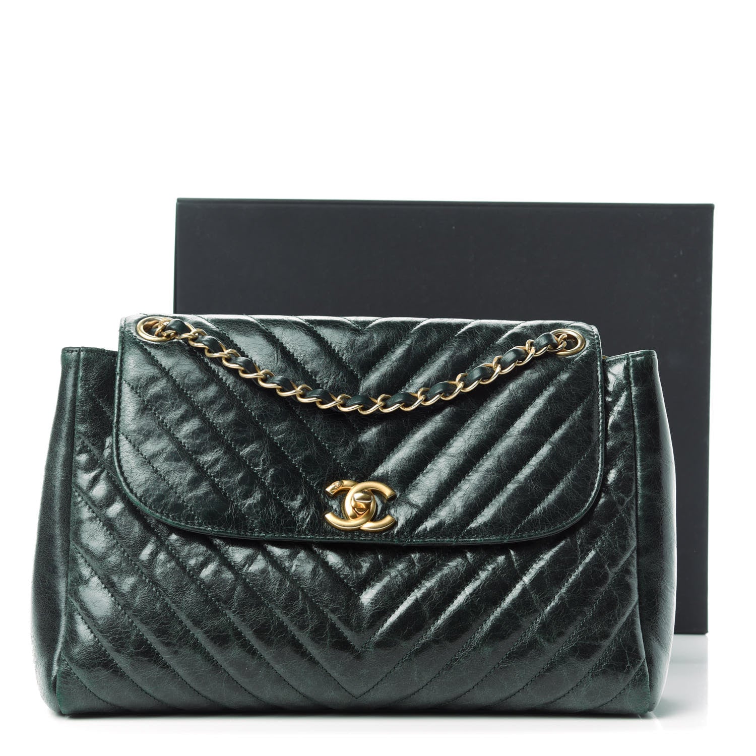 Chanel CHANE Glazed Calfskin Chevron Quilted Large Hampton Flap Dark Green 10 of 11