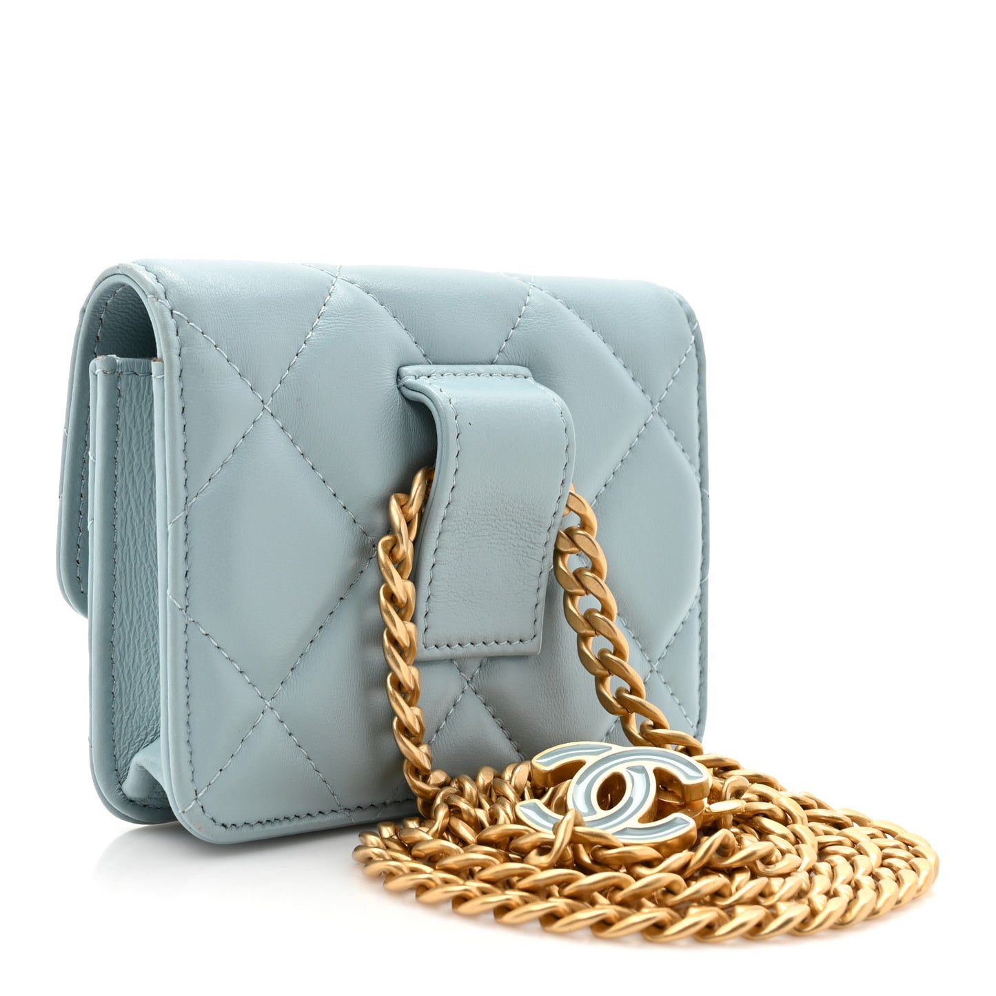 Lambskin Enamel Quilted Pending CC Flap Belt Bag Light Blue