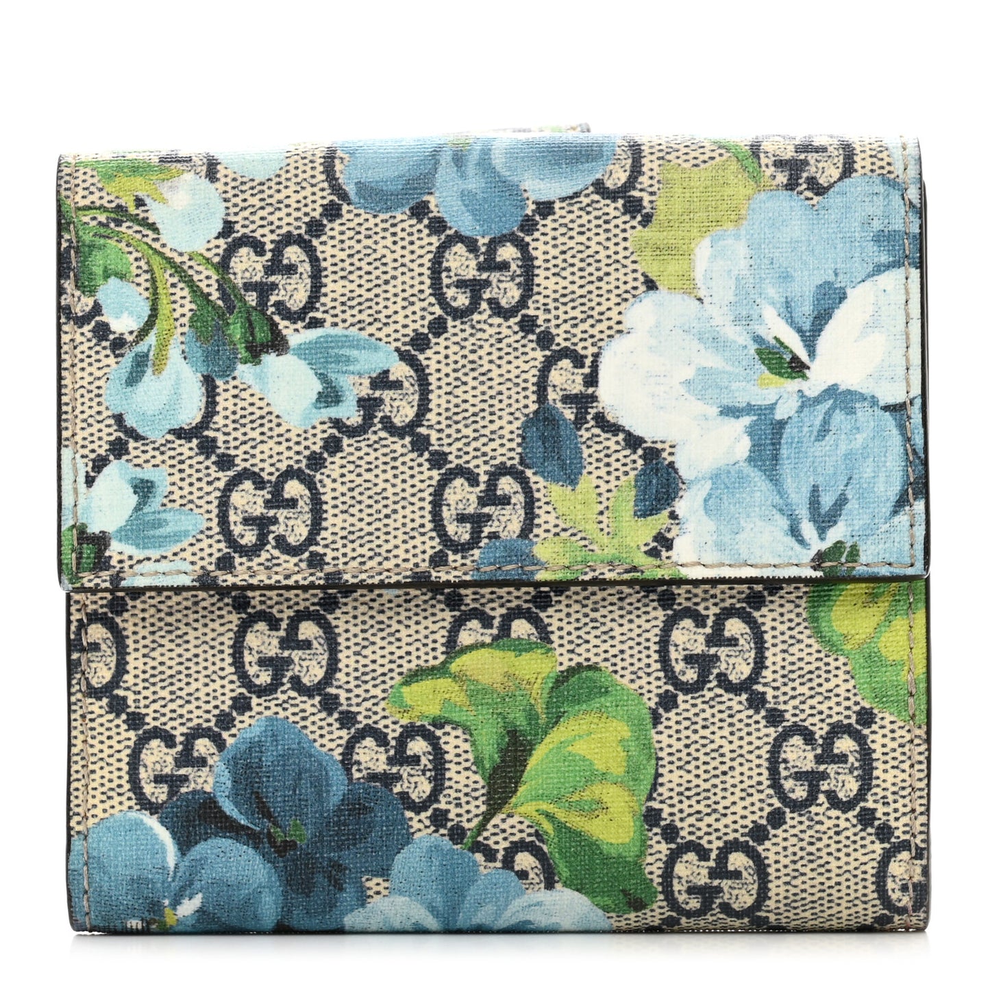 GG Supreme Monogram Blooms French Flap Wallet Beige Blue Navy Hibiscus Red