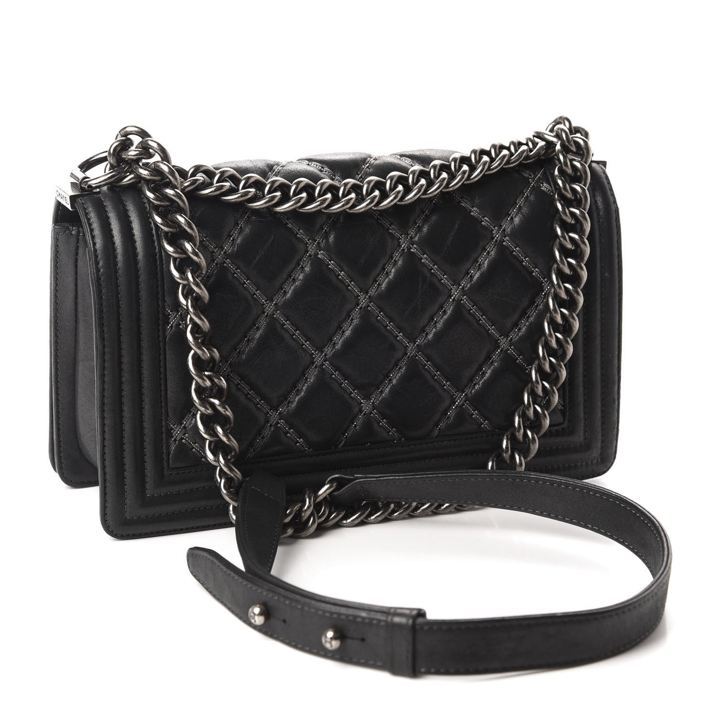 Iridescent Calfskin Embellished Double Stitch Medium Boy Flap Black