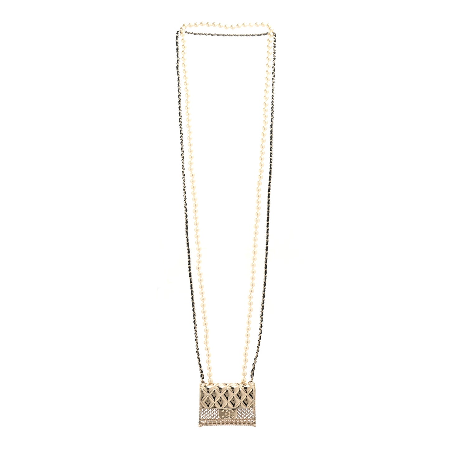 Metal Lambskin Pearl Chain Flap Bag Long Necklace Gold Black Pearly White