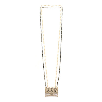Chanel Metal Lambskin Pearl Chain Flap Bag Long Necklace Gold Black Pearly White 3 of 6