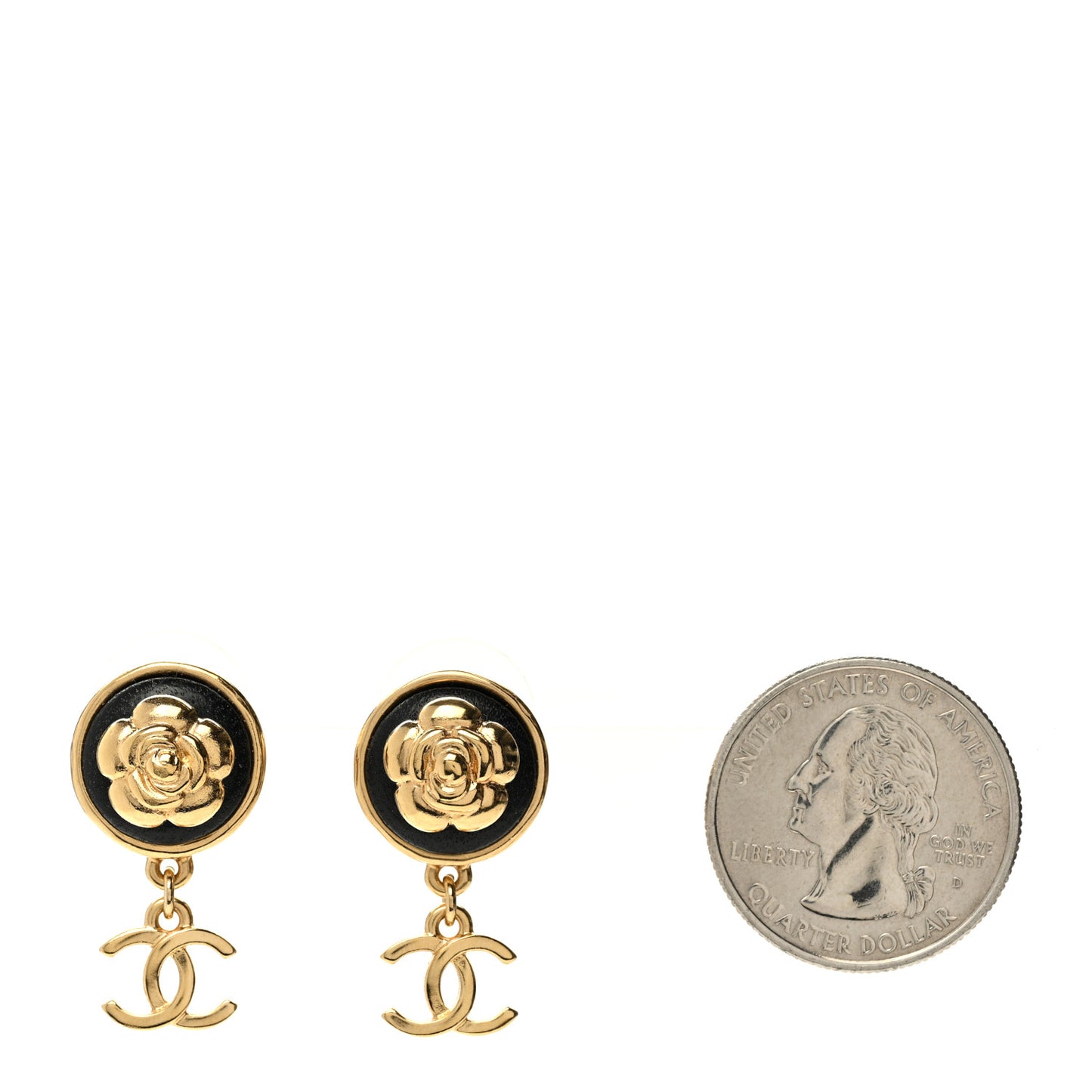 Metal Lambskin Camellia CC Drop Earrings Gold Black