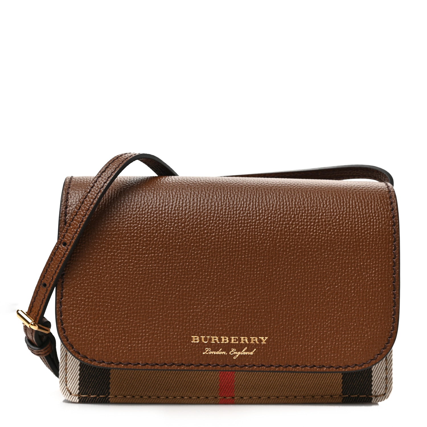 Burberry Grained Calfskin House Check Tartan Mix Hampshire Wallet On Chain Tan 1 of 9