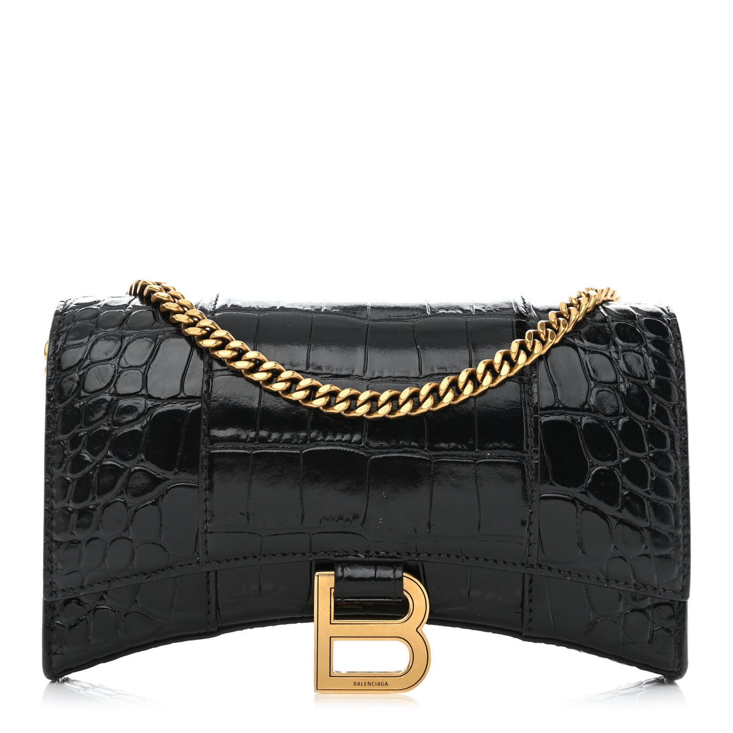 Shiny Calfskin Crocodile Embossed Hourglass Chain Bag Black