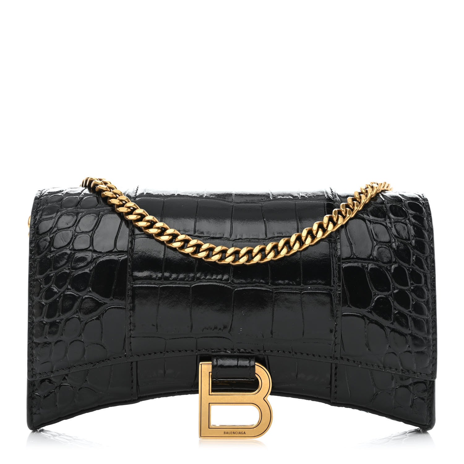 Balenciaga Shiny Calfskin Crocodile Embossed Hourglass Chain Bag Black 1 of 9