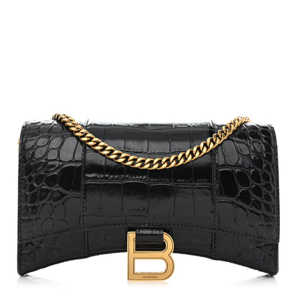 Balenciaga Shiny Calfskin Crocodile Embossed Hourglass Chain Bag Black 1 of 9