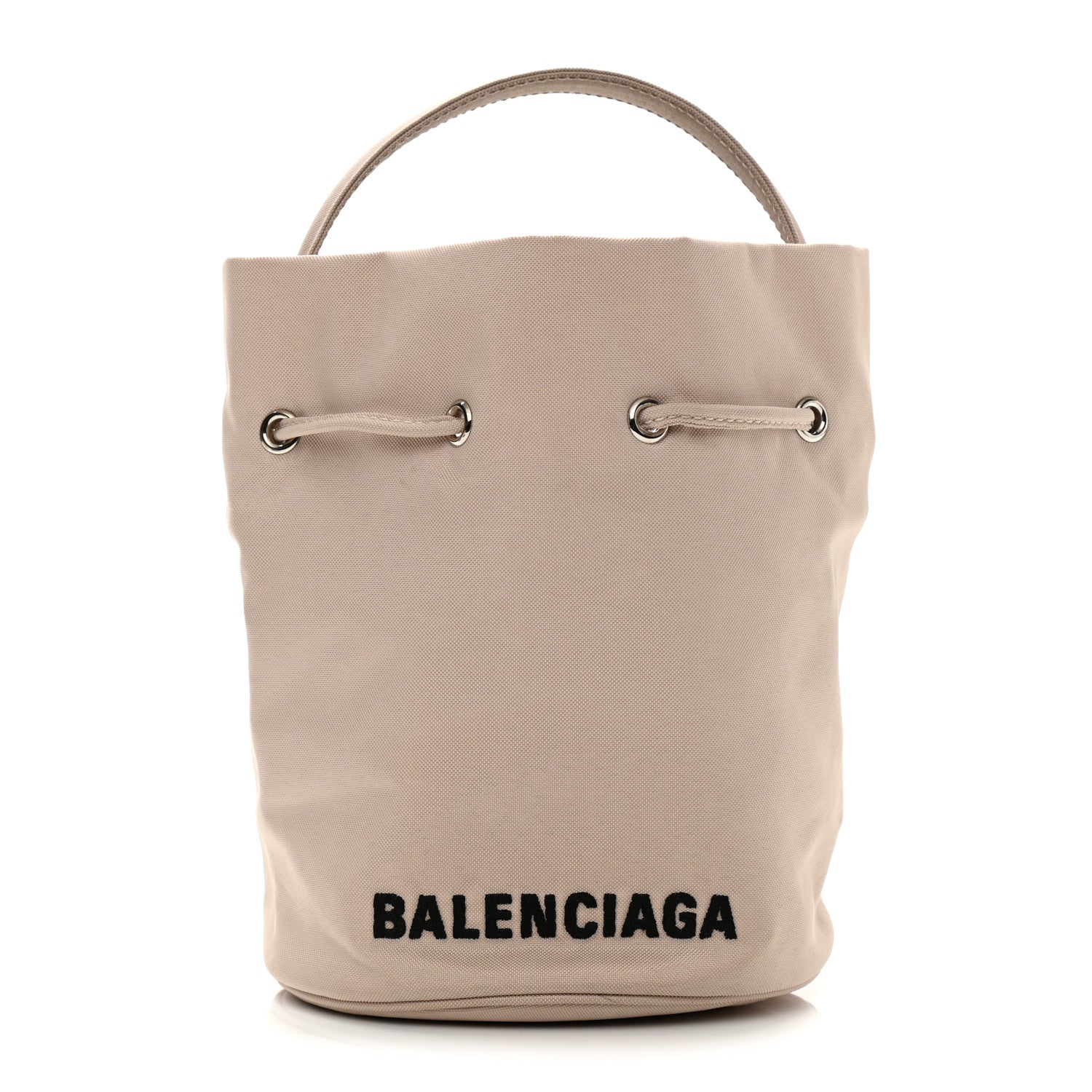 Balenciaga Recycled Sport Nylon Logo Embroidered Wheel Drawstring Bucket Bag Cream Black 1 of 9