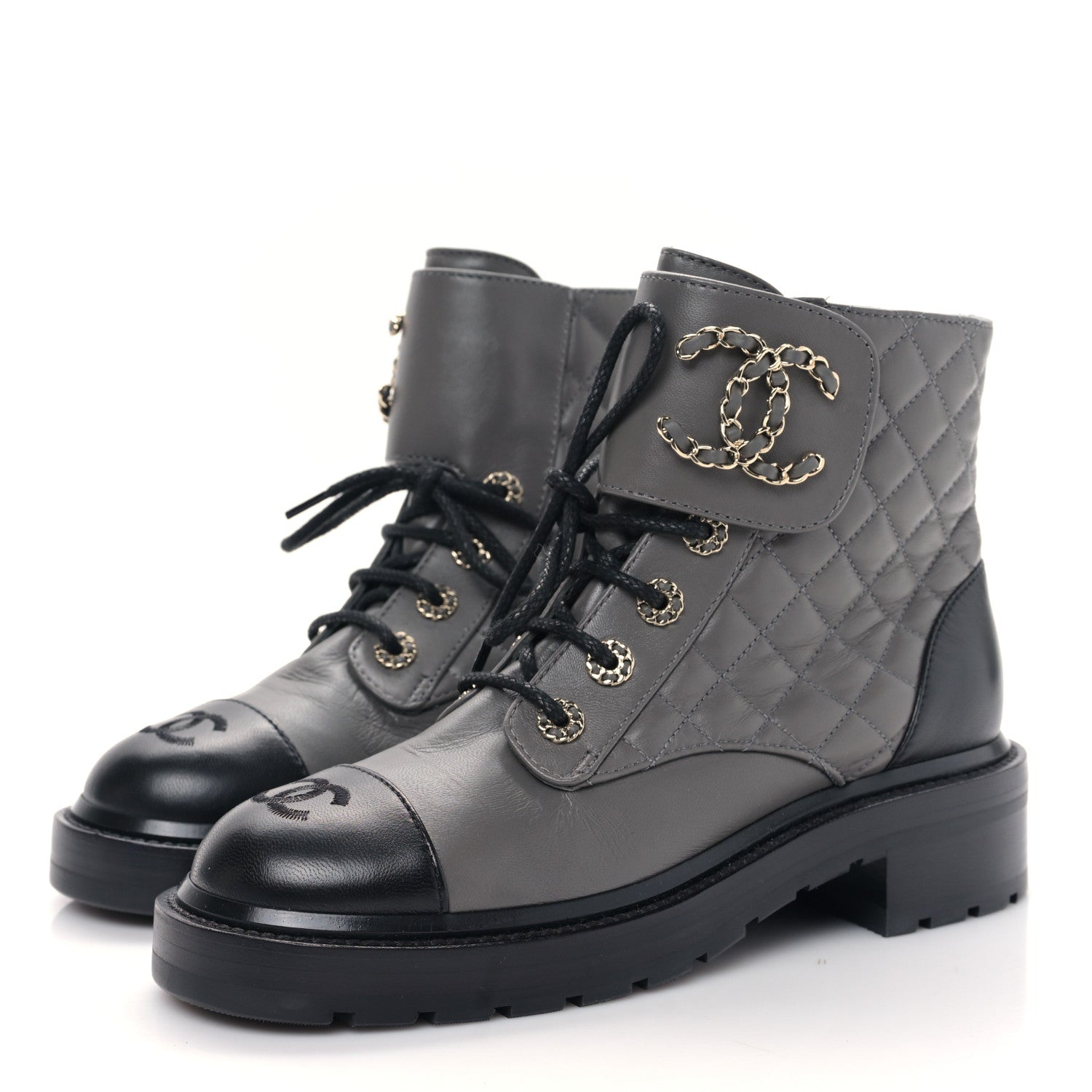 Chanel Shiny Lambskin Quilted Lace Up Combat Boots 38 Grey Black 3 of 9