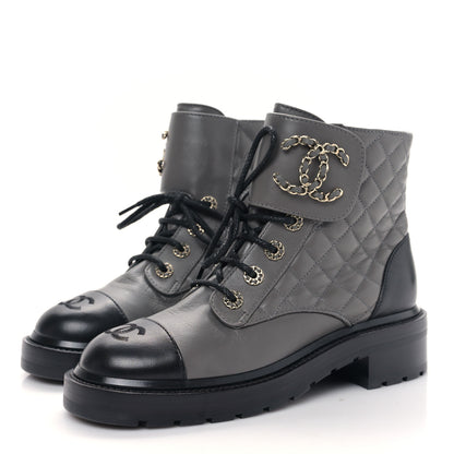 Chanel Shiny Lambskin Quilted Lace Up Combat Boots 38 Grey Black 3 of 9