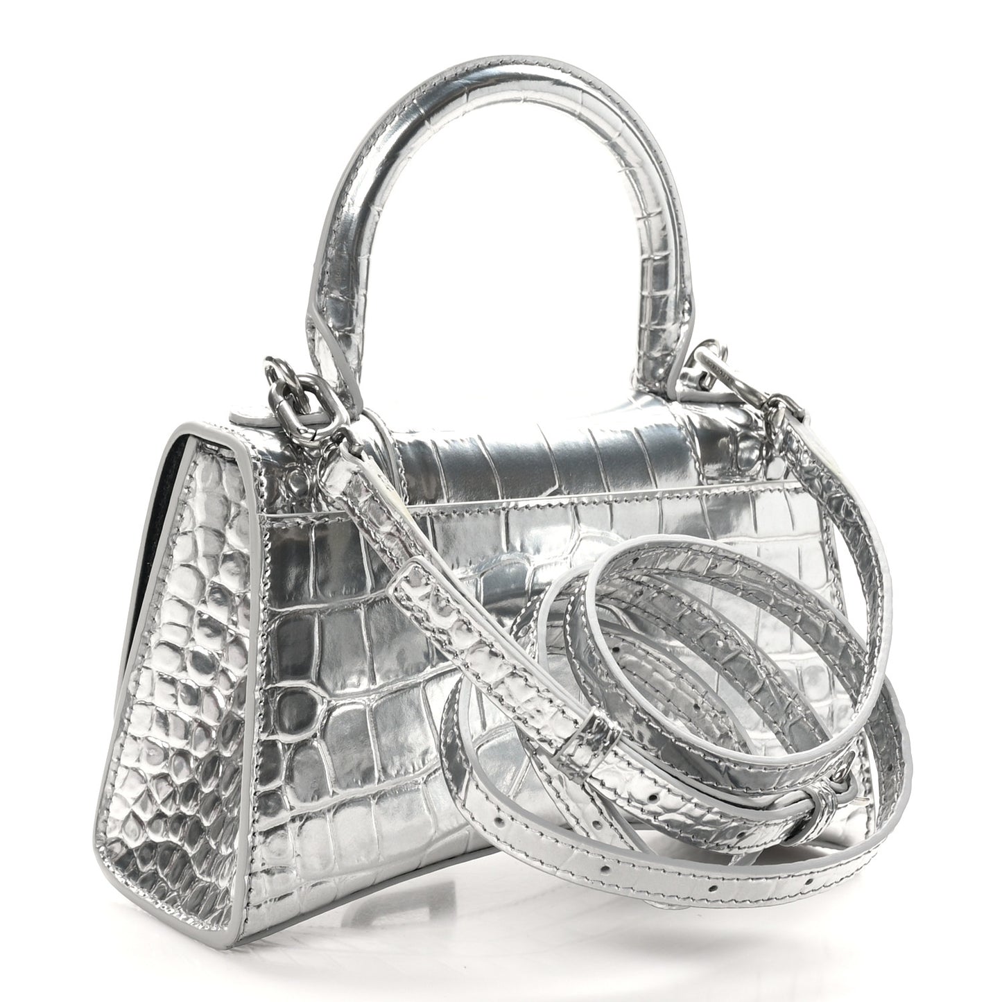 Metallic Calfskin Crocodile Embossed Hourglass Top Handle Bag XS Silver