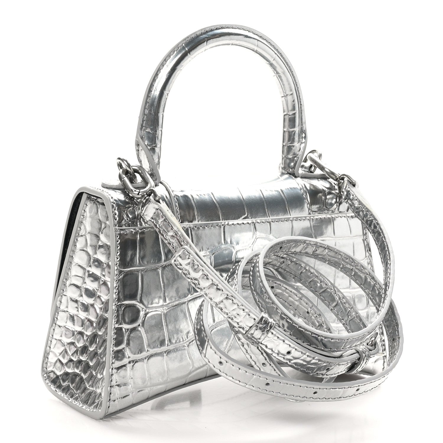 Balenciaga Metallic Calfskin Crocodile Embossed Hourglass Top Handle Bag XS Silver 3 of 10