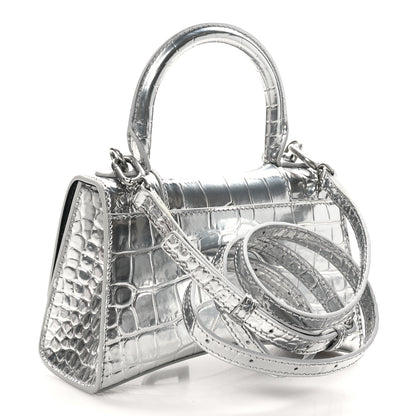 Balenciaga Metallic Calfskin Crocodile Embossed Hourglass Top Handle Bag XS Silver 3 of 10