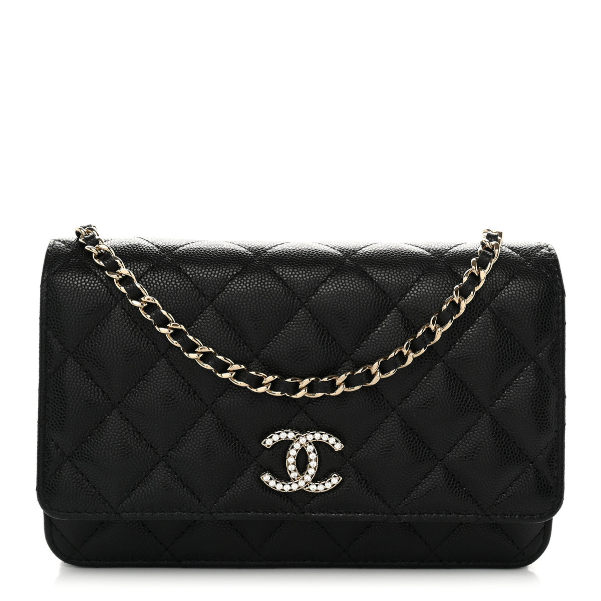 Caviar Quilted Crystal CC Wallet On Chain WOC Black