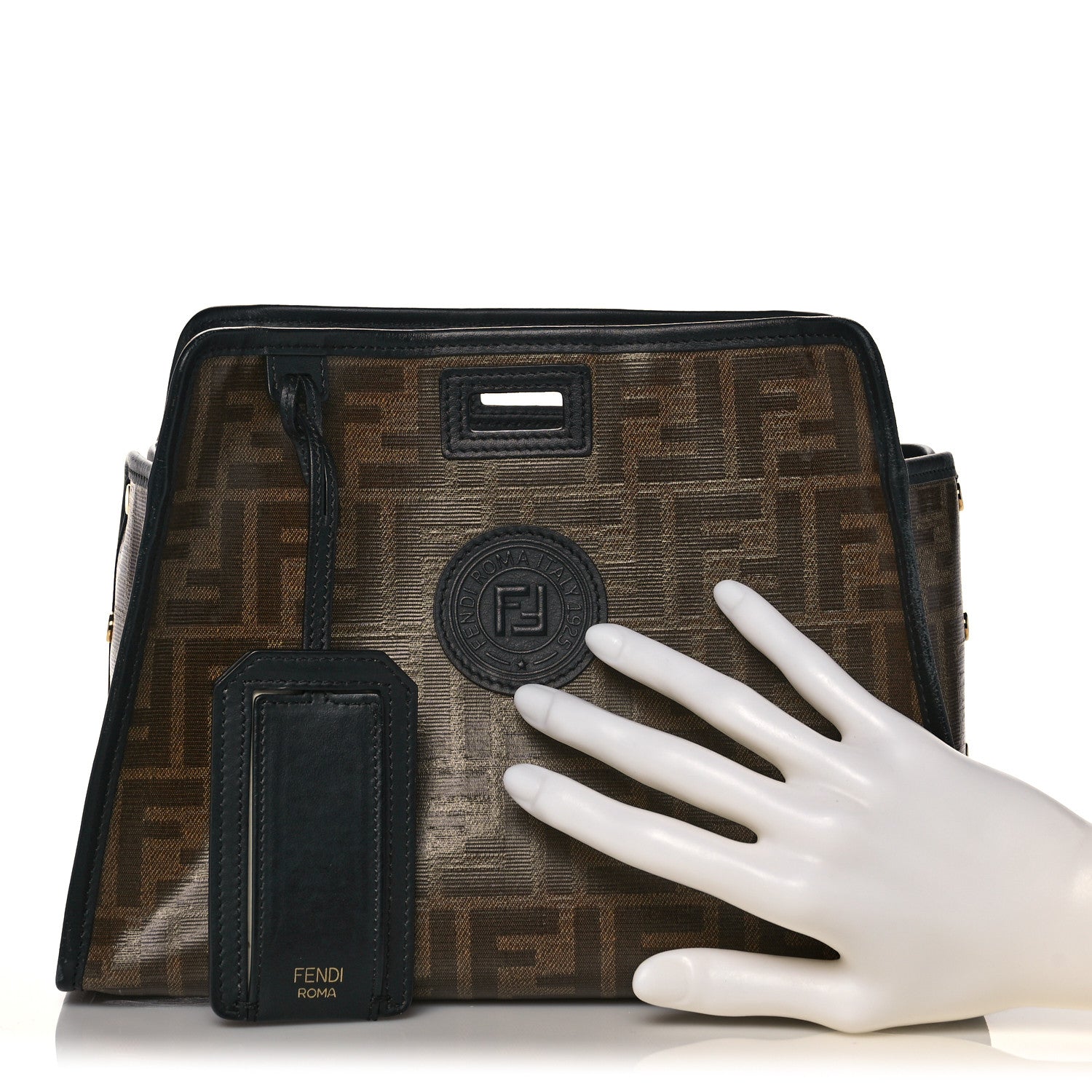 Fendi Glazed Fabric Vitello Century FF 1974 Stamp Patch Mini Peekaboo Defender Cover Mogano Panna Black 2 of 12