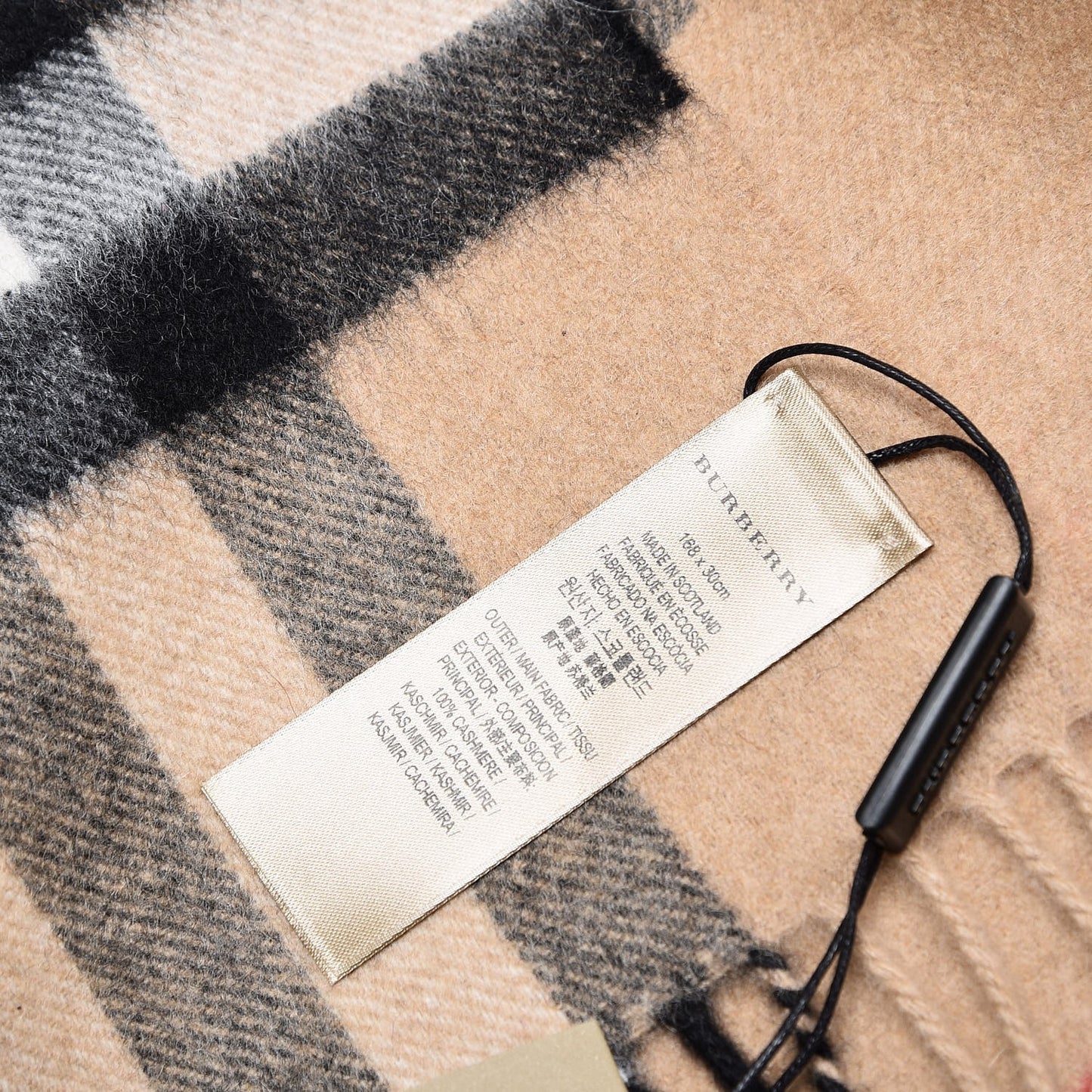 Cashmere Giant Check Fringe Scarf Camel