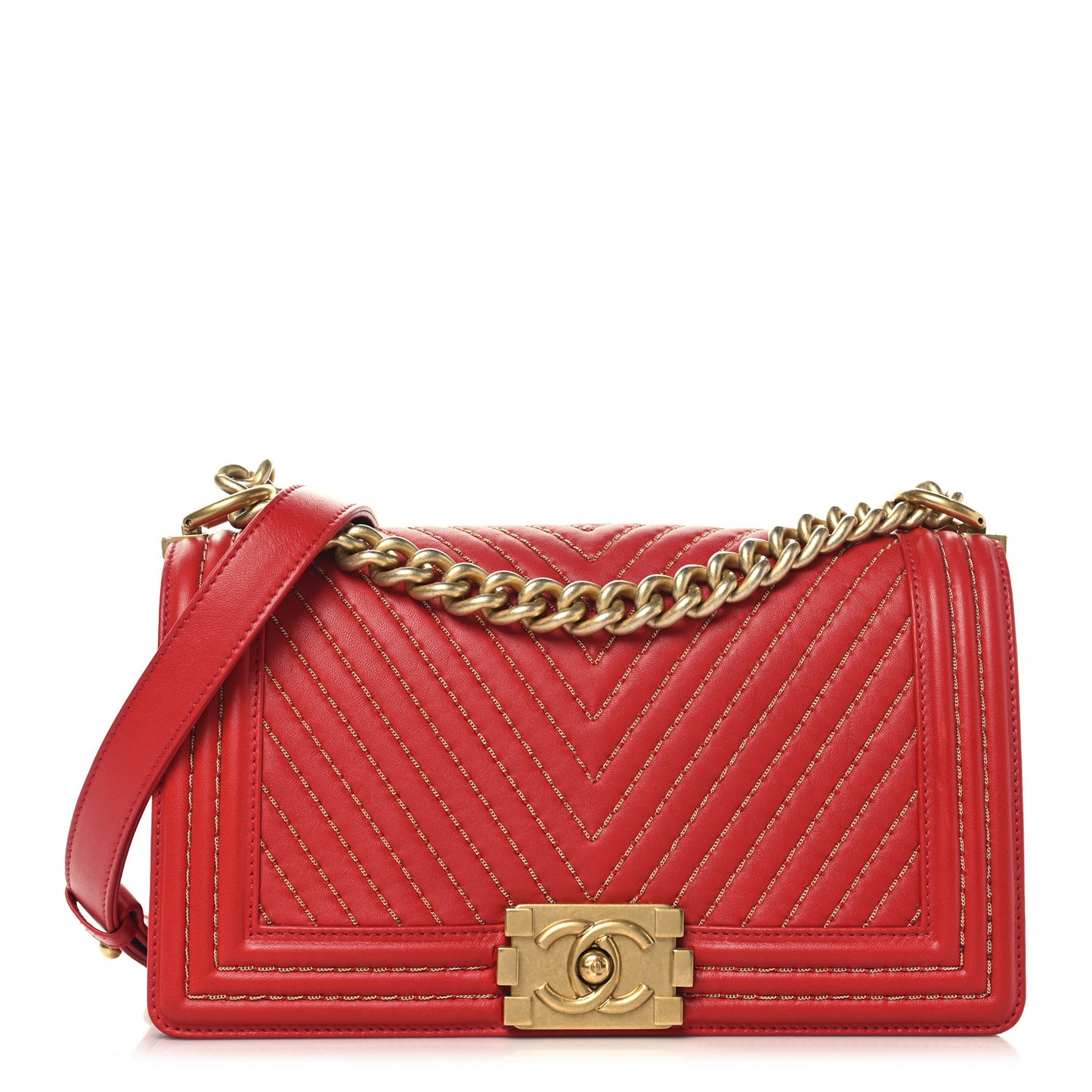 Lambskin Chevron Chain Stitched Medium Boy Flap Red