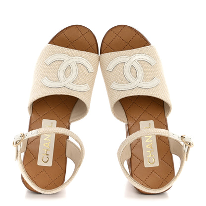 Chanel Fabric Patent Calfskin Platform Wedge Sandals 37 Ivory White 2 of 10