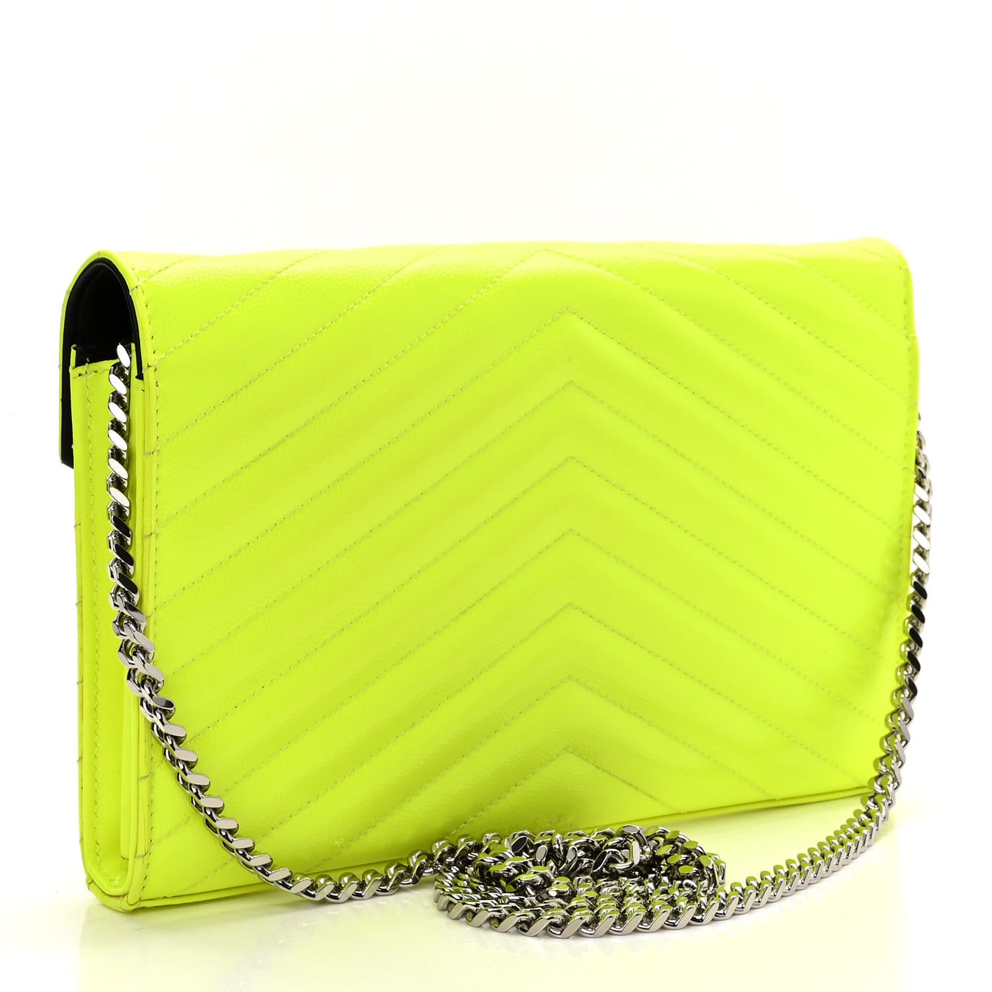 Patent Grain De Poudre Matelasse Chevron Monogram Chain Wallet Neon Yellow