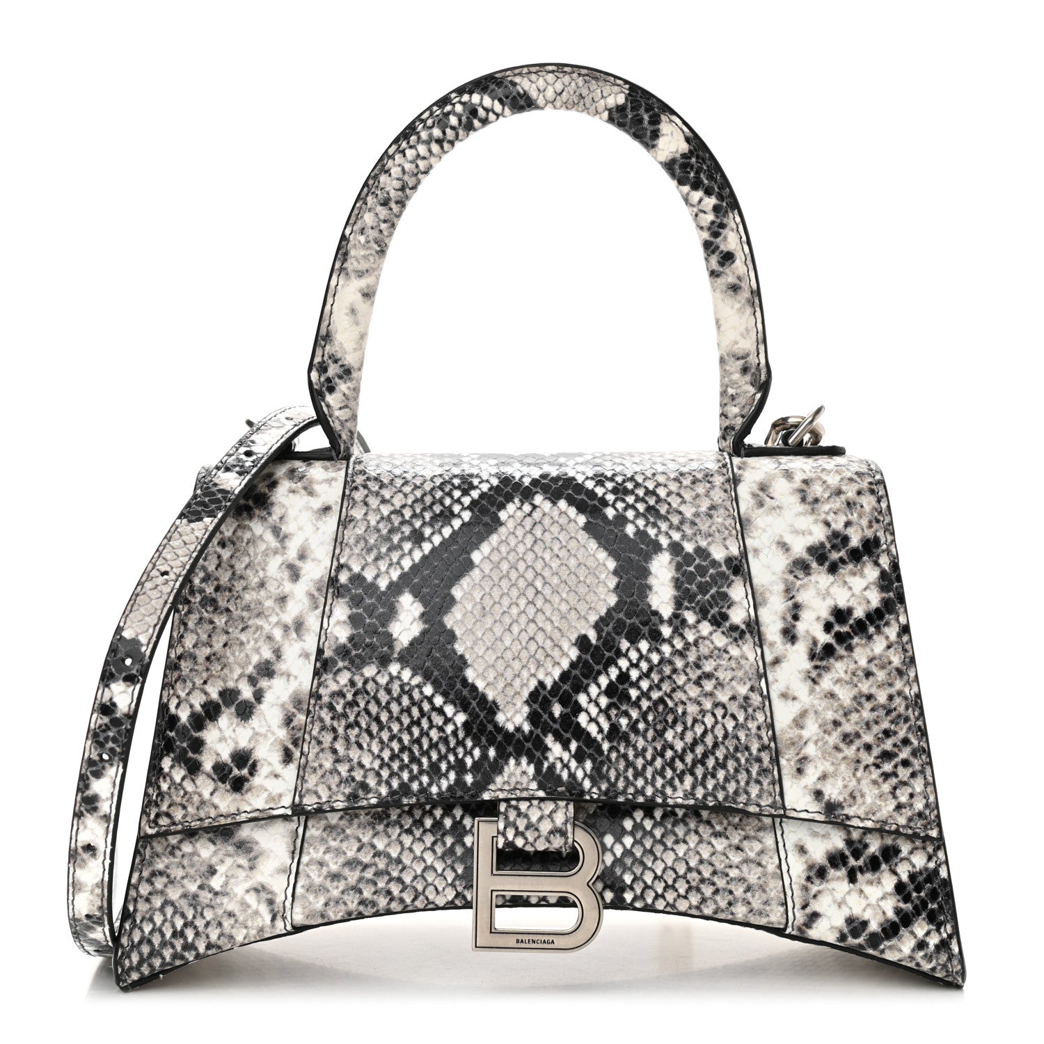Balenciaga Calfskin Snake Effect Small Hourglass Top Handle Bag Black White 1 of 12