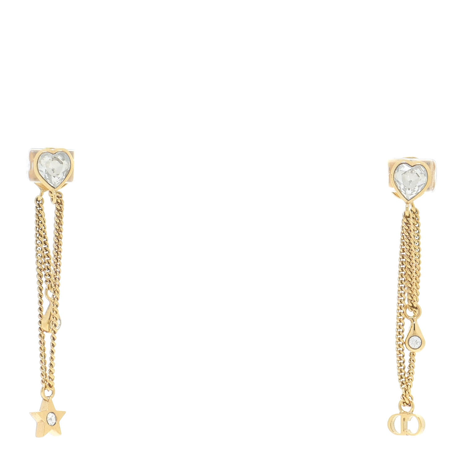 Christian Dior Crystal Heart Dangle Chain Earrings Gold 1 of 4