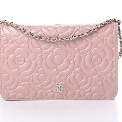 Chanel Goatskin Camellia Embossed Wallet On Chain WOC Light Pink 9 of 12