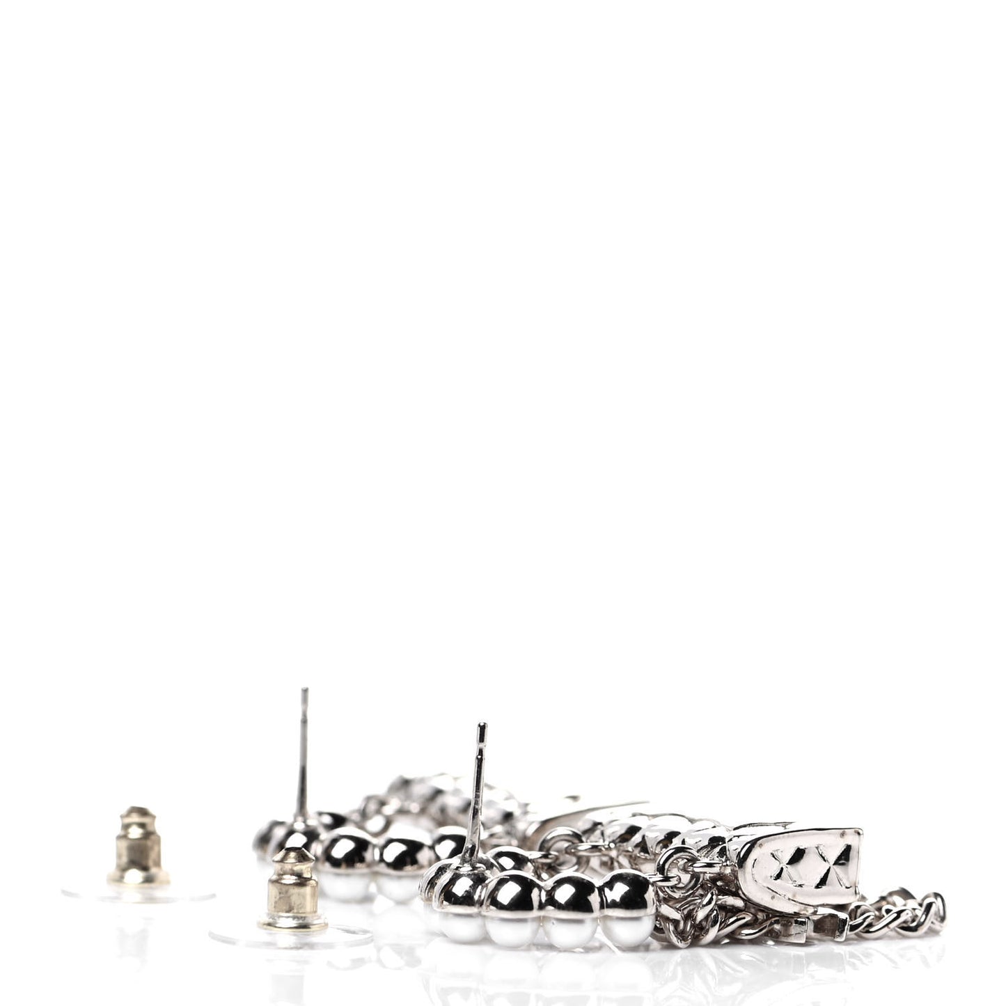 Metal Pearl Quilted CC Flap Bag Earrings Silver