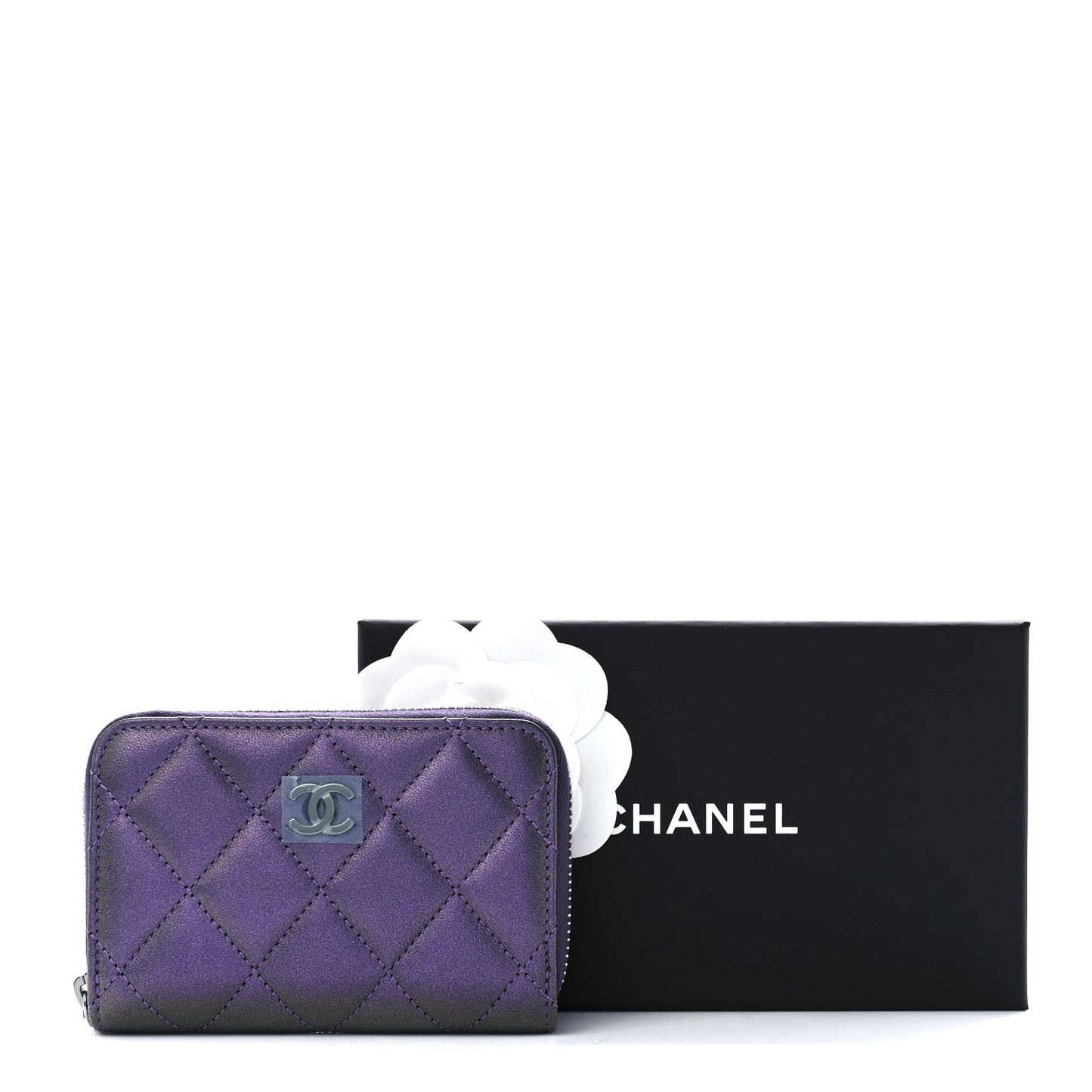 Metallic Lambskin Quilted Zip Around Coin Purse Wallet Dark Purple