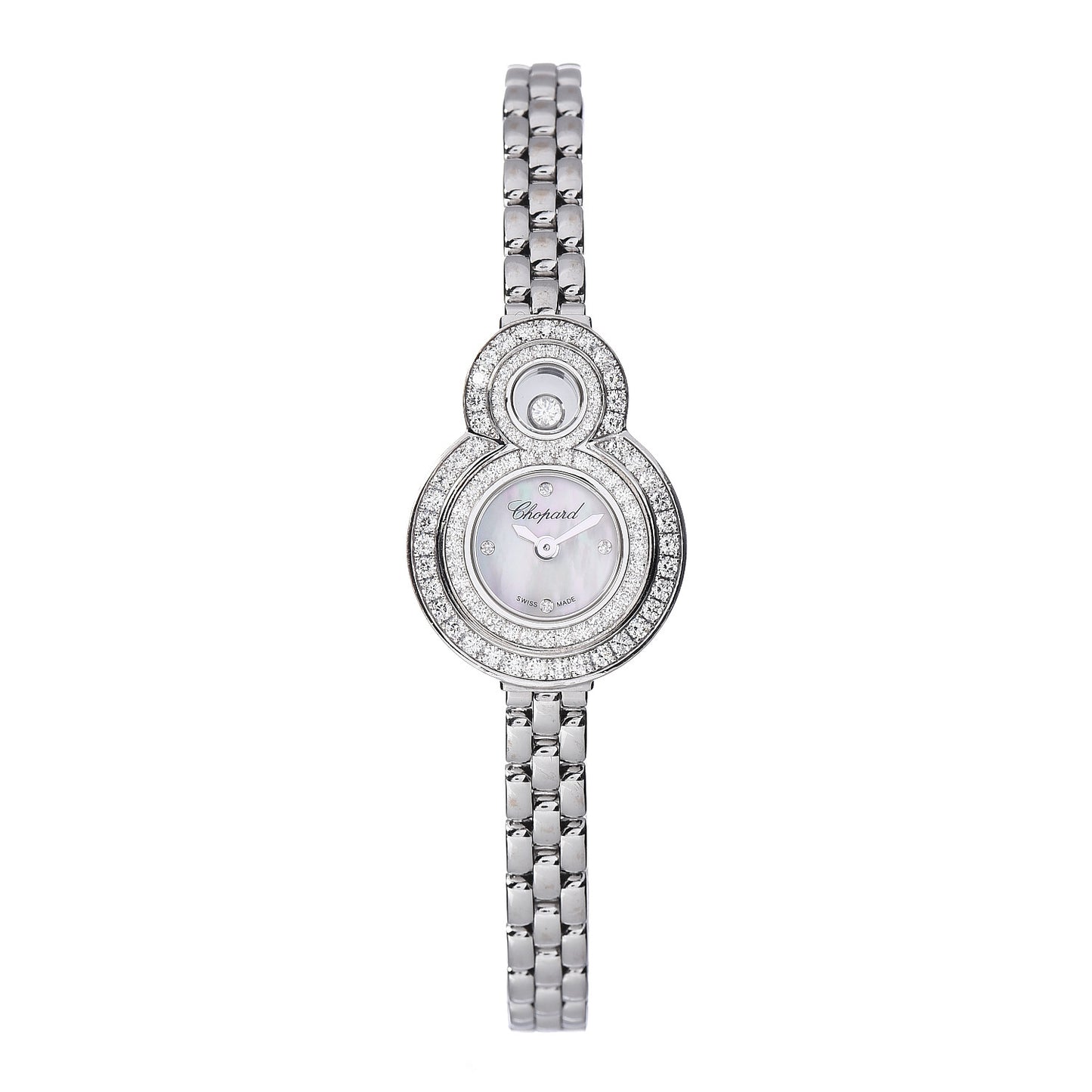 18K White Gold Diamond Pave Bezel Mother of Pearl 20mm Happy Eight Quartz Watch