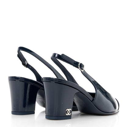 Chanel Patent Calfskin Cap Toe CC Slingback Pumps 35 Navy Blue 4 of 9