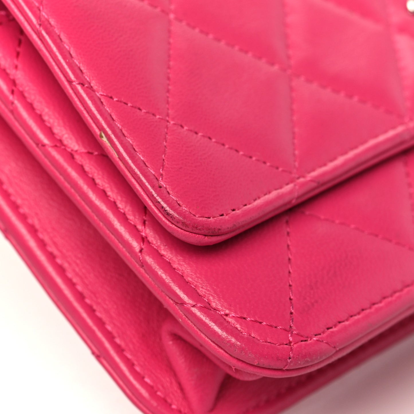 Lambskin Quilted Wallet On Chain WOC Dark Pink