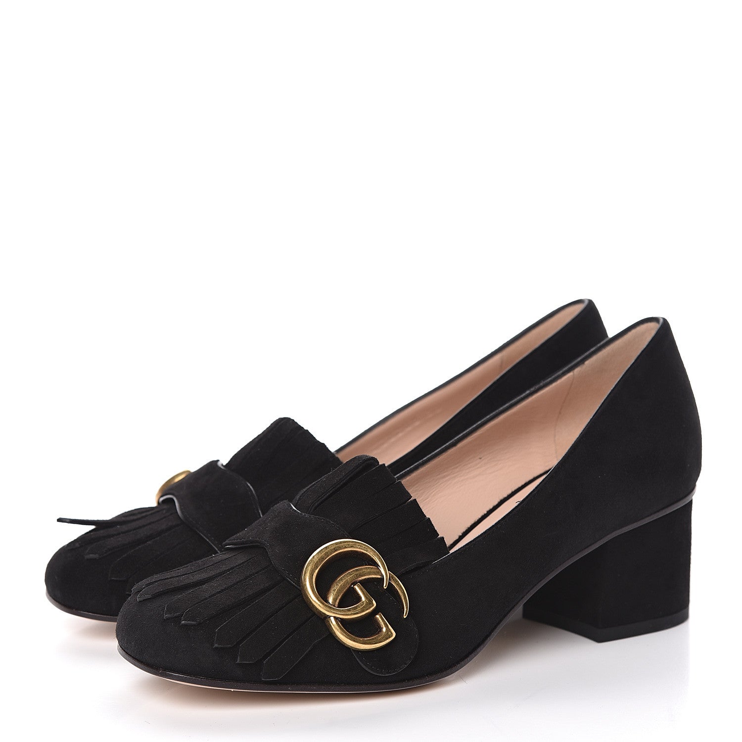 Gucci Kid Scamosciato GG Marmont Fringe 50mm Loafer Pumps 36 Black 3 of 9