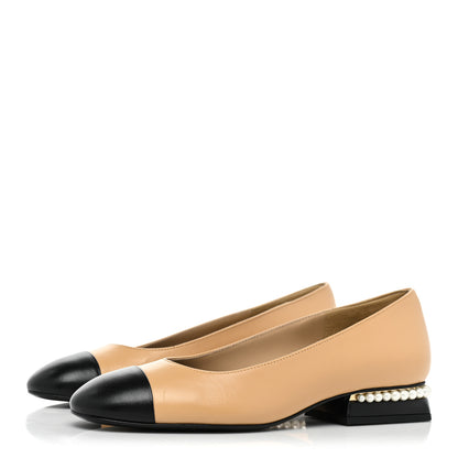 Chanel Lambskin Pearl Cap Toe CC Flats 36 Beige Black 3 of 12