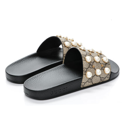 Gucci GG Supreme Monogram Pearls Slide Sandals 37 Beige 4 of 7