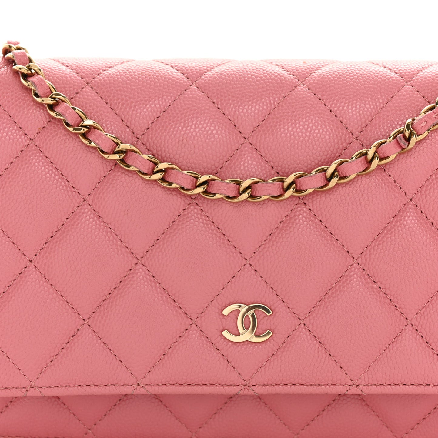 Shiny Caviar Quilted Wallet On Chain WOC Pink
