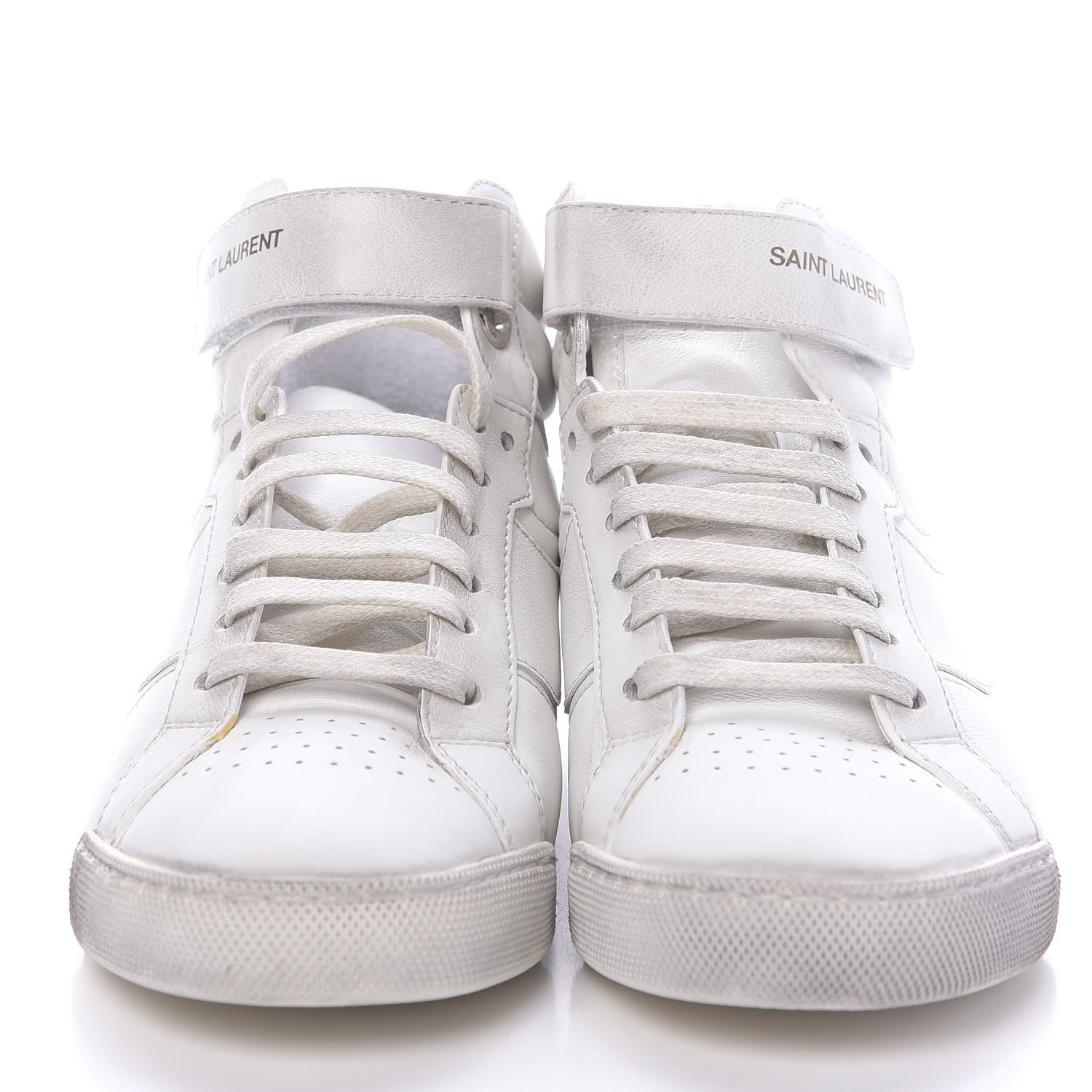 Saint Laurent Calfskin Distressed Lenny Logo-Print High Top Sneakers 36.5 Blanc Optique 2 of 9
