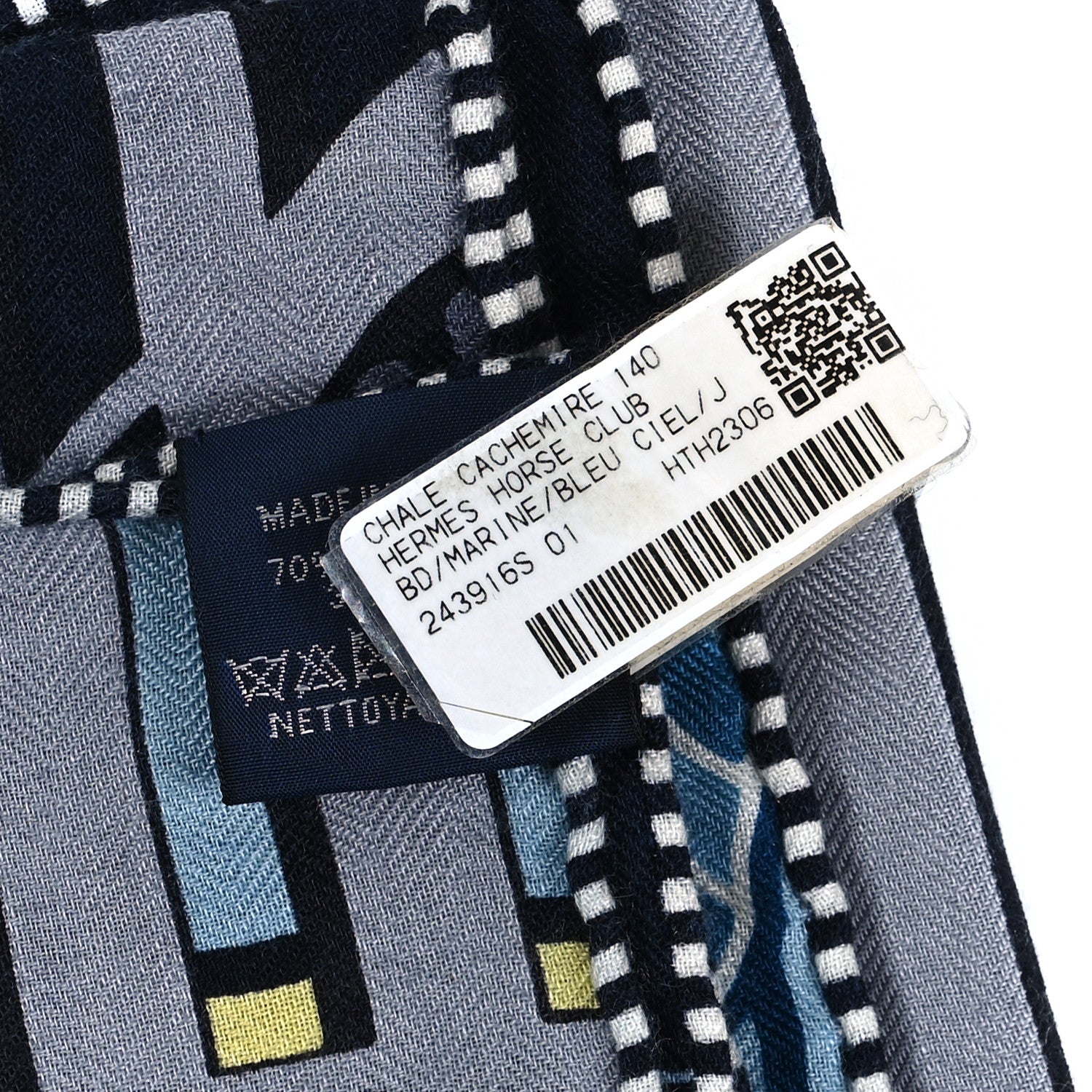 Hermes Cashmere Silk Horse Club Shawl 140 Marine Jaune 4 of 4