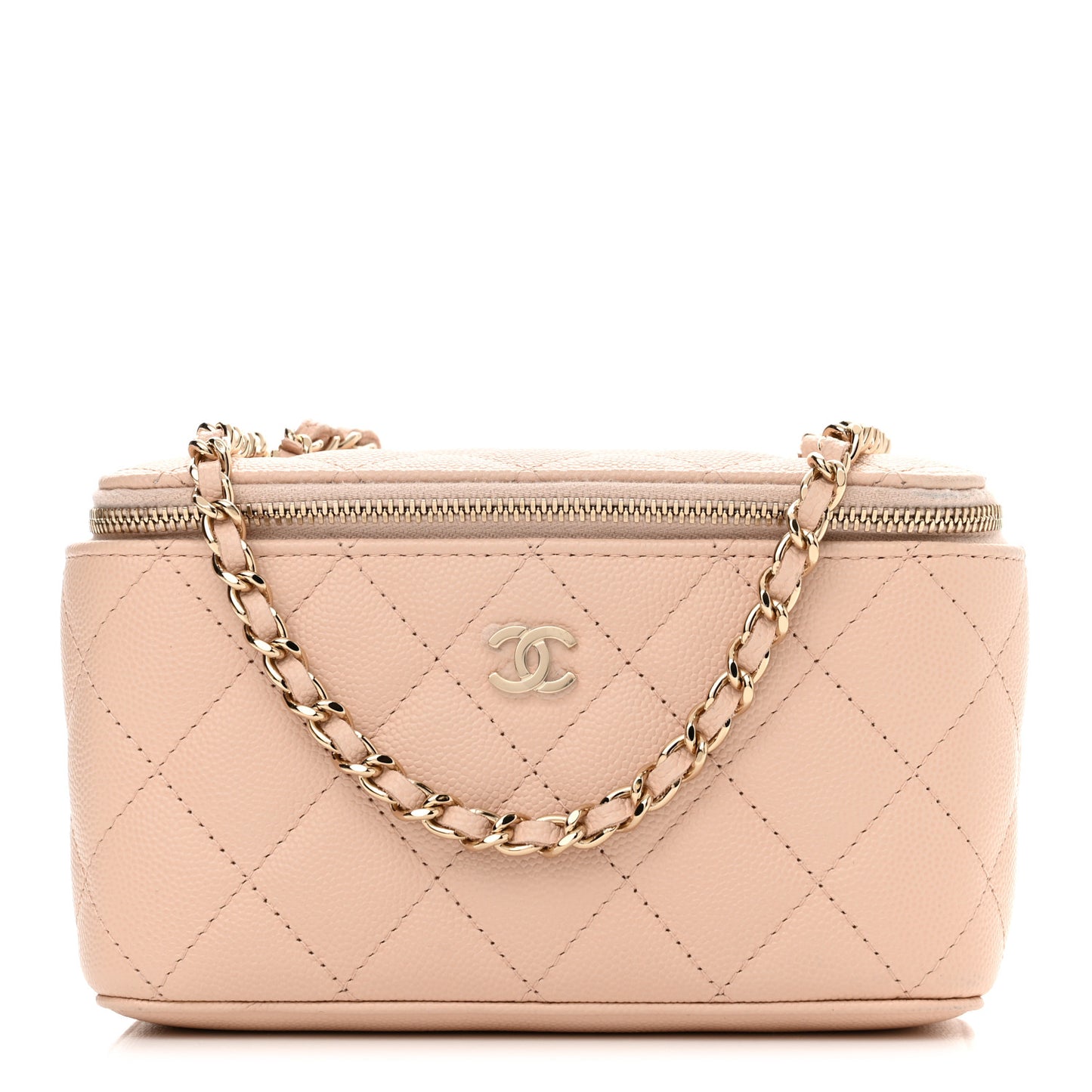 Caviar Quilted Small Vanity Case With Chain Light Beige