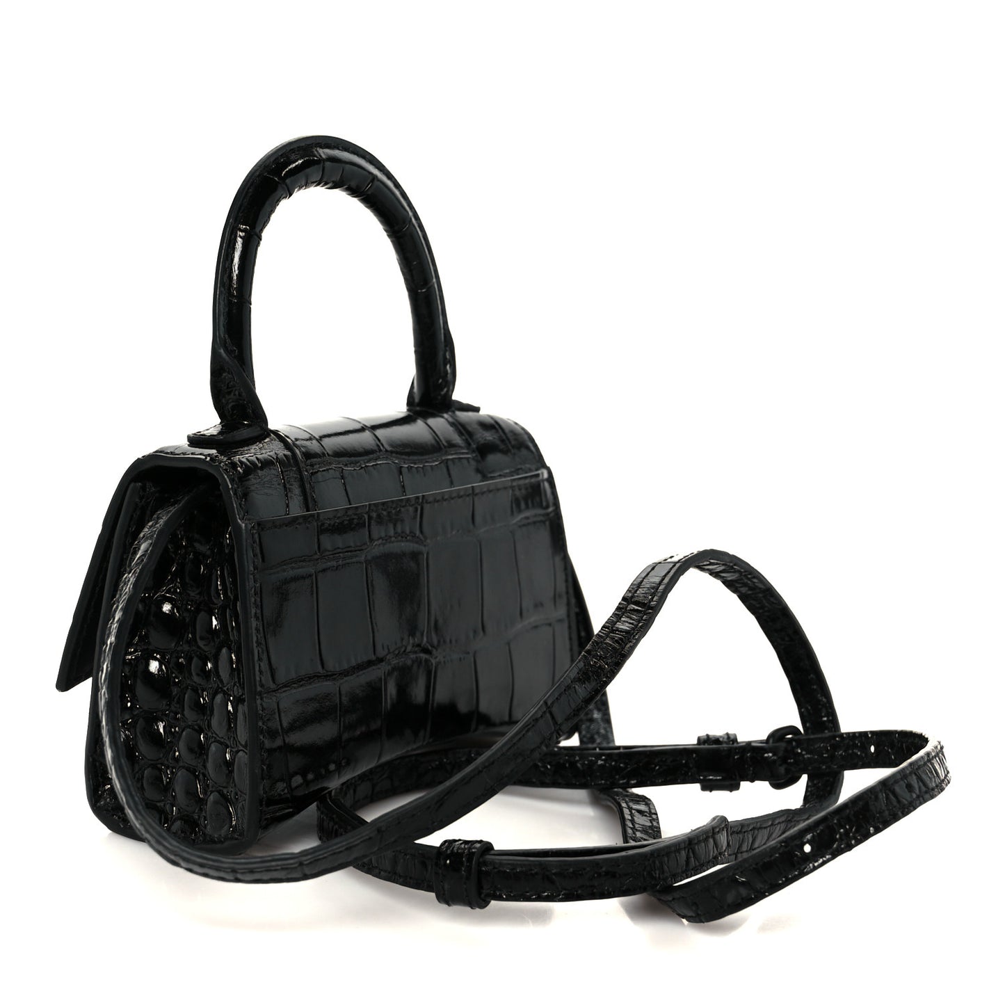 Shiny Calfskin Monochrome Crocodile Embossed Hourglass Top Handle Bag Mini Black