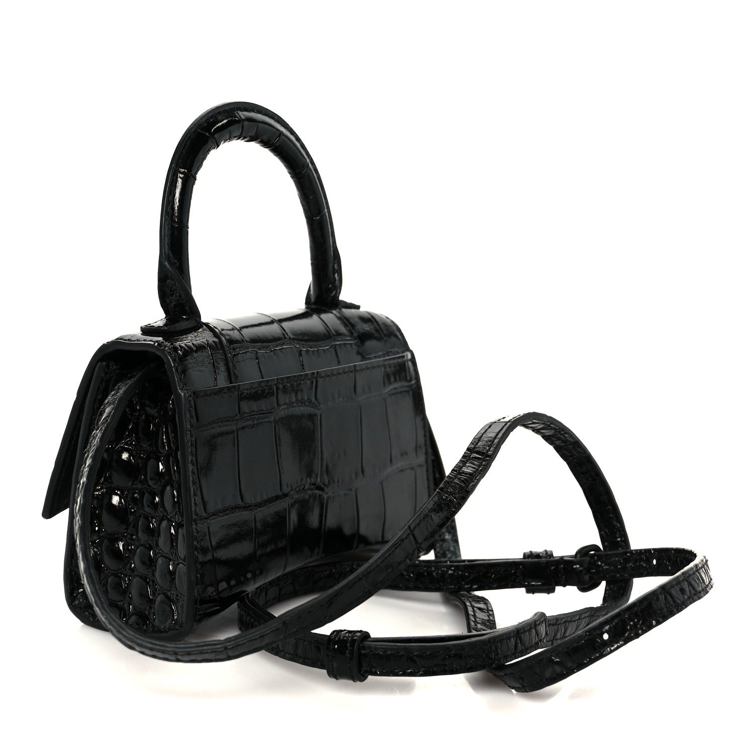 Balenciaga Shiny Calfskin Monochrome Crocodile Embossed Hourglass Top Handle Bag Mini Black 3 of 10