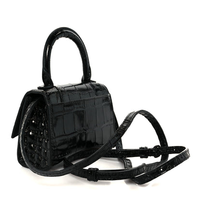 Balenciaga Shiny Calfskin Monochrome Crocodile Embossed Hourglass Top Handle Bag Mini Black 3 of 10