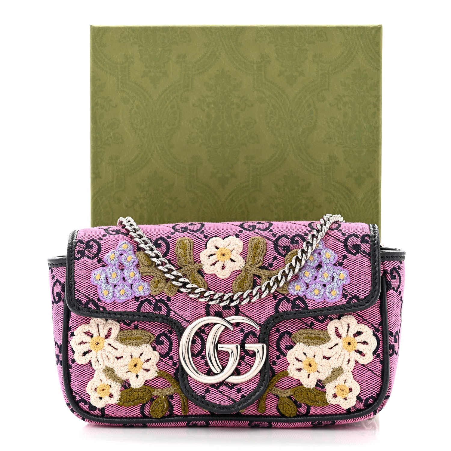 Gucci Monogram Multicolor Matelasse Diagonal Floral Embroidered Super Mini GG Marmont Shoulder Bag Pink Blue Ivory Green Lilac 11 of 11