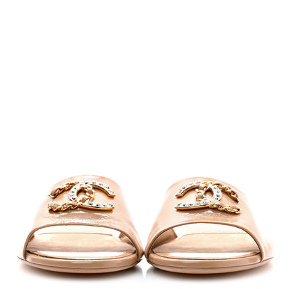 Chanel Shiny Calfskin Crystal CC Mules Sandals 40 Beige 2 of 9