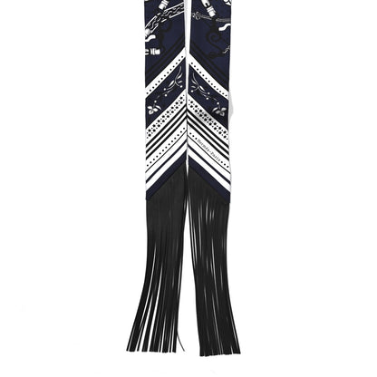 Hermes Silk Festival Des Amazones Bandana Fringed Twilly Bleu Black 2 of 4