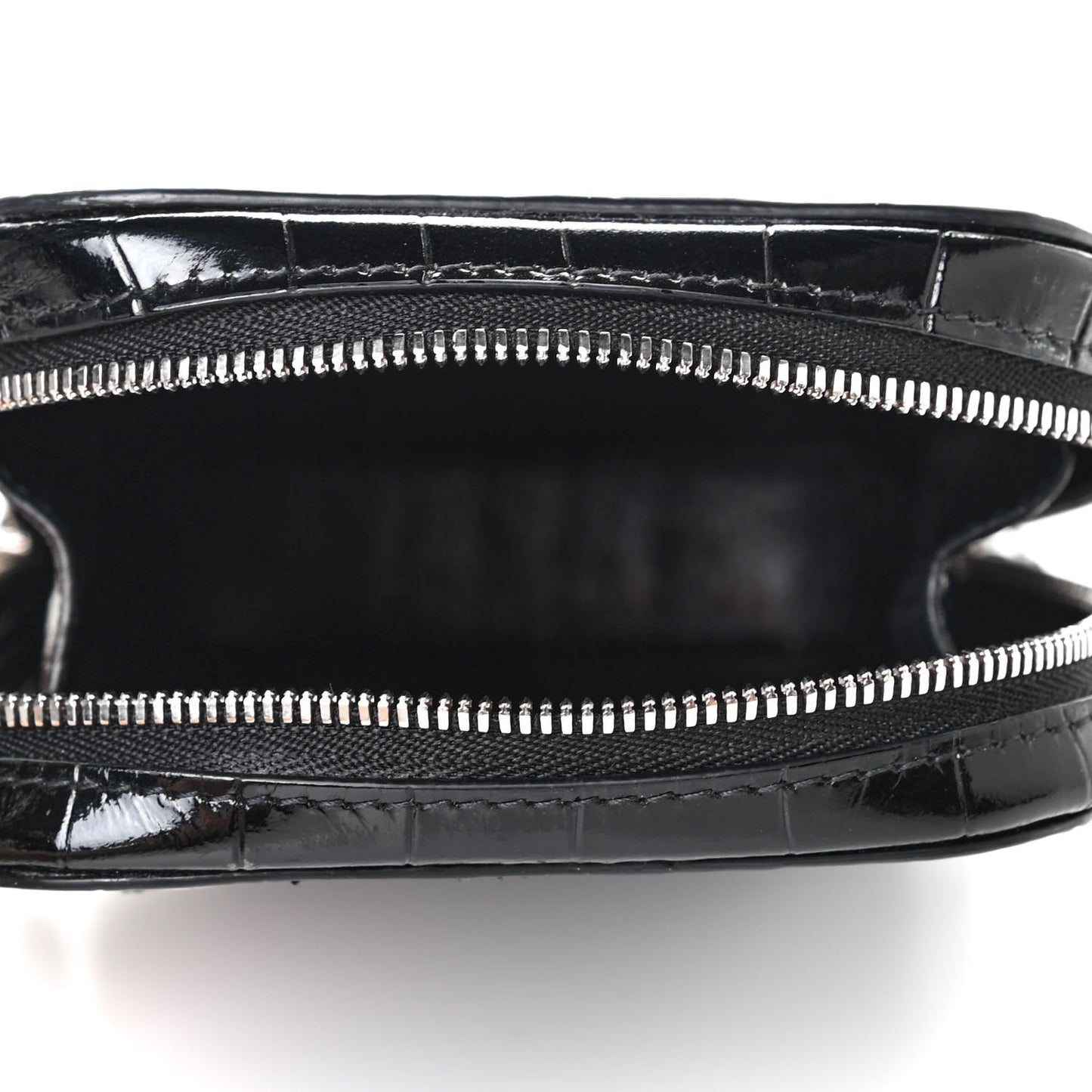 Shiny Calfskin Logo Crocodile Embossed Cash Phone Holder Bag Black White