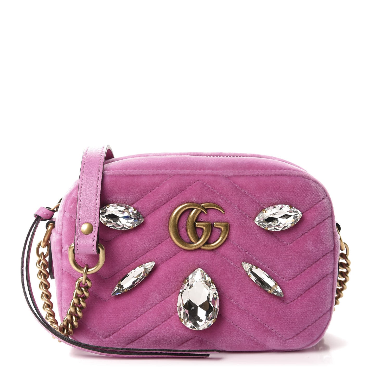 Velvet Matelasse Marquise Crystals Mini GG Marmont Chain Shoulder Bag Malva